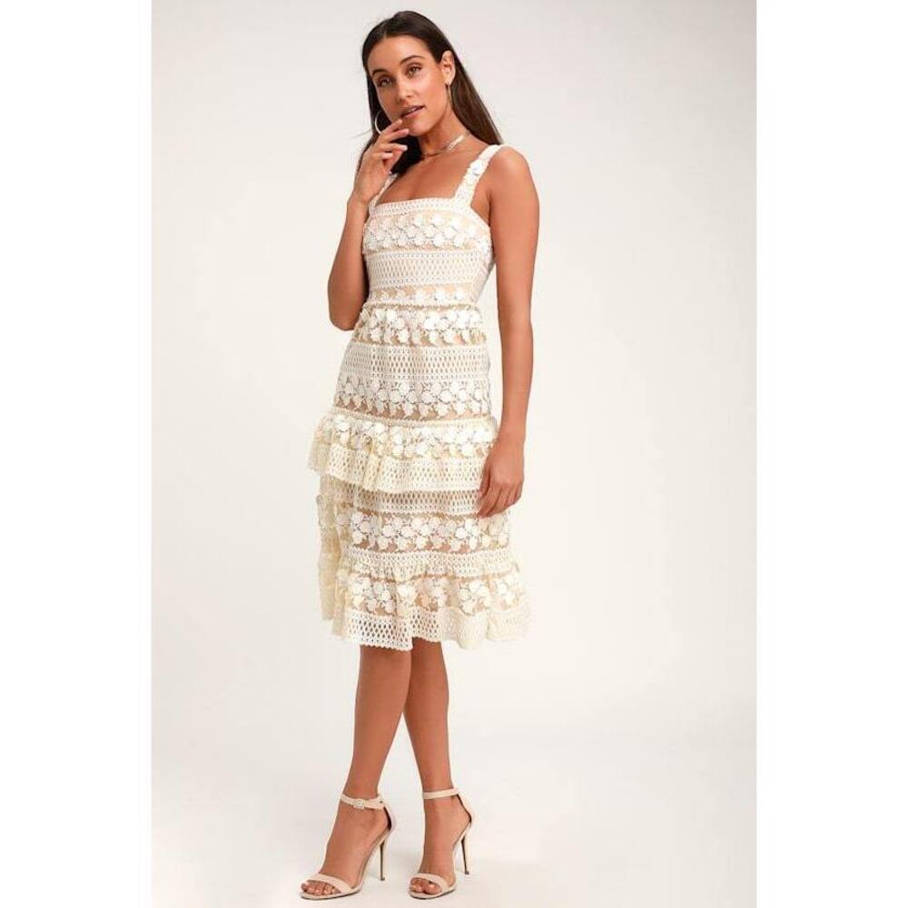 Lulus Ethereal White And Nude Lace Midi Dress - Size L